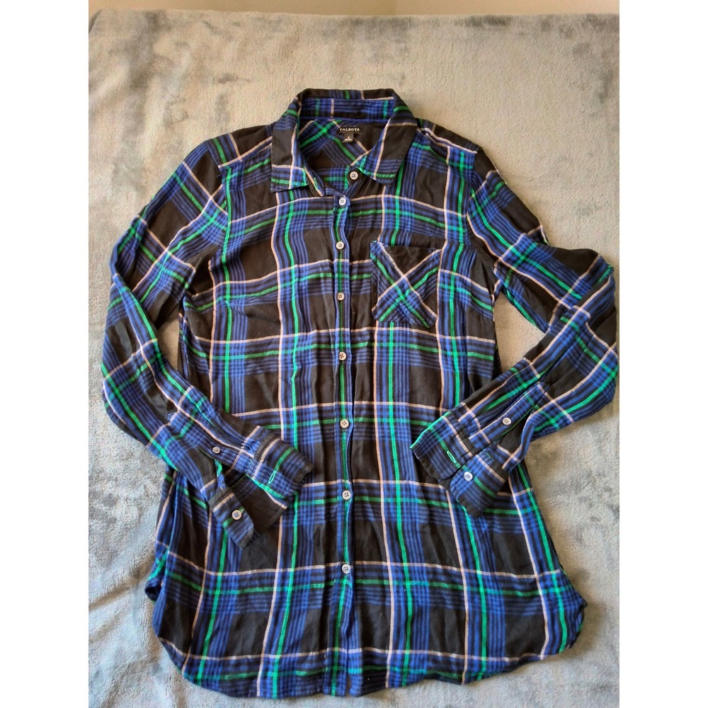 Talbots Womens Small Blue Green Plaid Button Down Shirt Long Sleeve Rayon Top